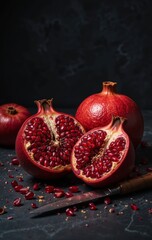 Close-up of pomegranate halves showcasing vibrant red seeds.