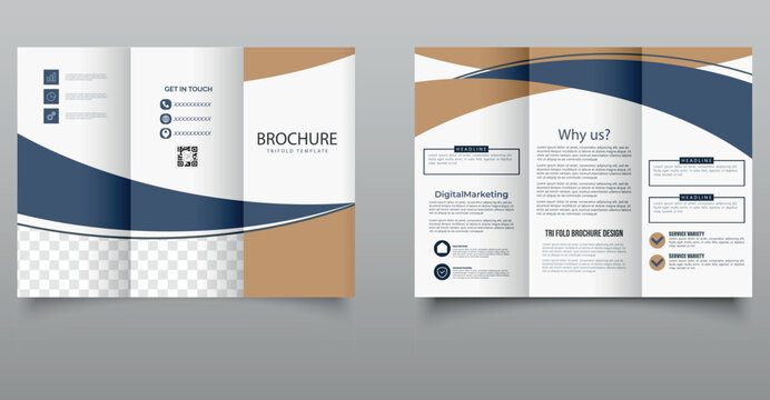 Professional and elegant trifold brochure template in blue and gold tones, ideal for digital marketing, corporate branding, or promotional materials. Clean layout with infographic icons and editable s