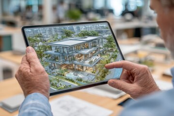 A man holding a tablet displaying a 3D image of a house, showcasing real estate properties to clients.