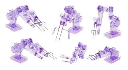 Robotic arms performing surgery various angles on a white background for medical technology concept