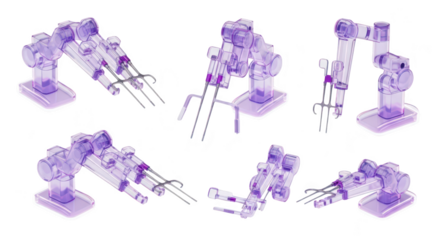 Robotic arms performing surgery various angles on a white background for medical technology concept