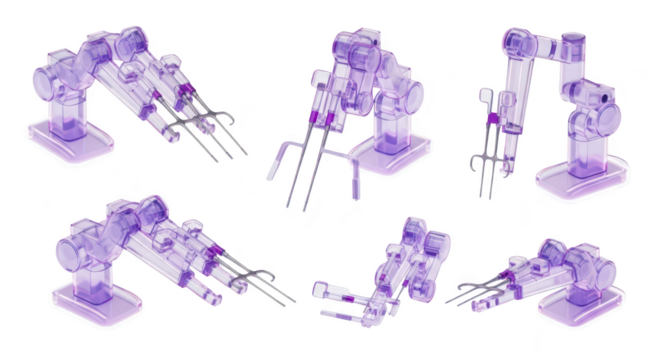 Robotic arms performing surgery various angles on a white background for medical technology concept