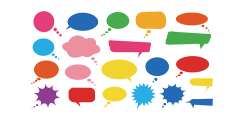 Colorful comic chat bubbles, flat speech shape collection in bold vector style for dialogue interface message template design conversation element icon illustration layout

