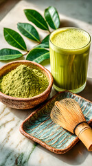 Matcha tea powder and whisk resting on ceramic dish with fresh green leaves and glass of matcha latte