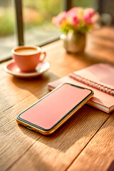 Smartphone with pink screen lying on wooden table with notebook and cup of coffee