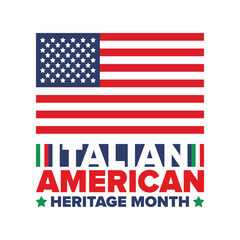 Italian American Heritage Month. Happy holiday celebrate annual in October. Italy and United States flag. Culture month. Patriotic design. Poster, card, banner, template. Vector illustration