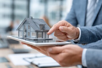A professional real estate agent in a suit showing a digital model of a house on a tablet.