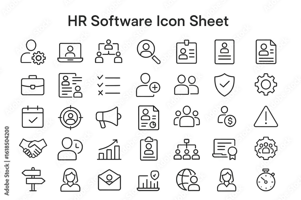 Poster hr software icon set: a collection of minimalist line-art icons representing various aspects of huma