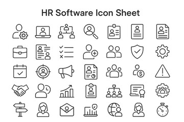 HR Software Icon Set: A collection of minimalist line-art icons representing various aspects of human resources software, ideal for illustrating HR-related concepts.