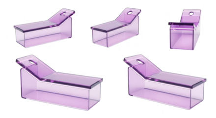 Rendered clear purple lounge chairs on white background showcasing design angles Suitable for interior design furniture and product mockups
