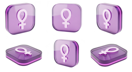 Six transparent female symbol icons in different perspectives on white background symbolizing feminism identity and representation for digital design