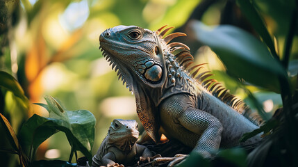 A Mother Iguana with Her Baby in a Sunny Jungle
화창한 정글에서 아기와 함께 있는 어미 이구아나
