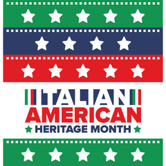 Italian American Heritage Month. Happy holiday celebrate annual in October. Italy and United States flag. Culture month. Patriotic design. Poster, card, banner, template. Vector illustration