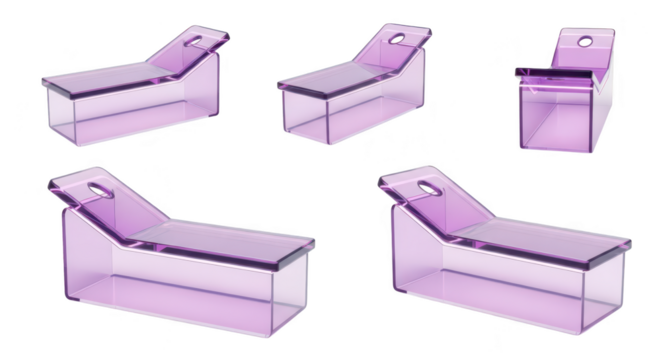 Rendered clear purple lounge chairs on white background showcasing design angles Suitable for interior design furniture and product mockups