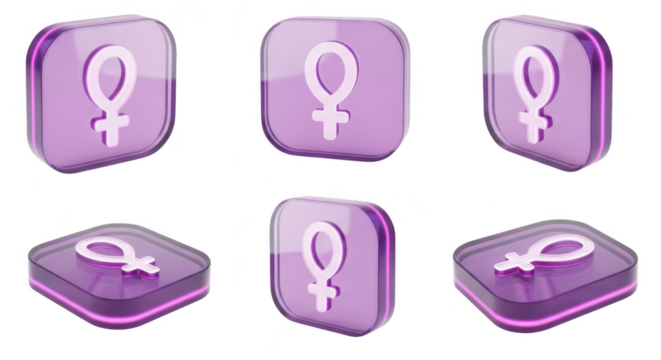 Six transparent female symbol icons in different perspectives on white background symbolizing feminism identity and representation for digital design - Powered by Adobe