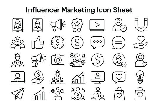 Influencer Marketing Icons: A set of minimalist line art icons representing various aspects of influencer marketing, perfectly suited for digital marketing campaigns.