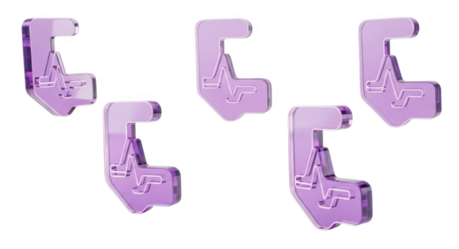 Five translucent purple heart rate symbols floating on a white background representing medical monitoring ideal for healthcare visuals