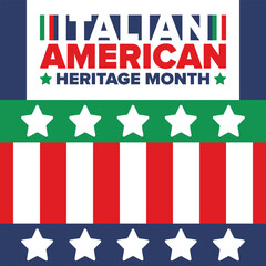 Italian American Heritage Month. Happy holiday celebrate annual in October. Italy and United States flag. Culture month. Patriotic design. Poster, card, banner, template. Vector illustration