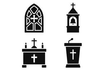 Church Icon Elements Set | Cross, Bible, Cathedral, Prayer, Candle, Religion Symbols
