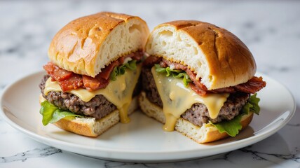 A delectable cheeseburger cut in half, revealing its juicy patty, melted cheese, crispy bacon, and fresh lettuce, served on a soft bun atop a pristine white plate