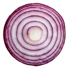 Close-up view of a sliced red onion showcasing its vibrant layers and intricate patterns, emphasizing its colors and textures on transparent background.