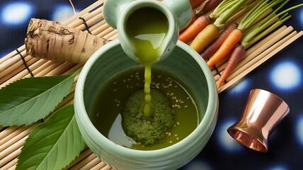 Japanese green tea soup with vegetables and ginger being poured