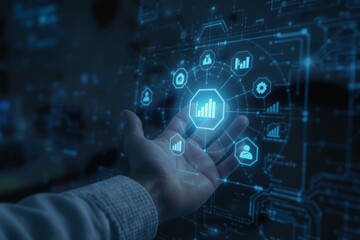 Hand interacting with futuristic holographic data interface displaying charts and icons