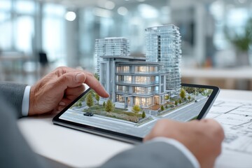 A person holding a tablet displaying a 3D render model of a building, possibly a real estate agent showing clients a property