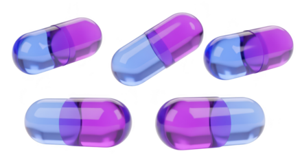 Translucent purple and blue capsules in various positions on a white background illustrating medical concepts and healthcare