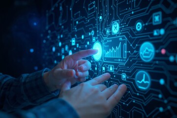 Person interacting with futuristic digital interface displaying data and icons