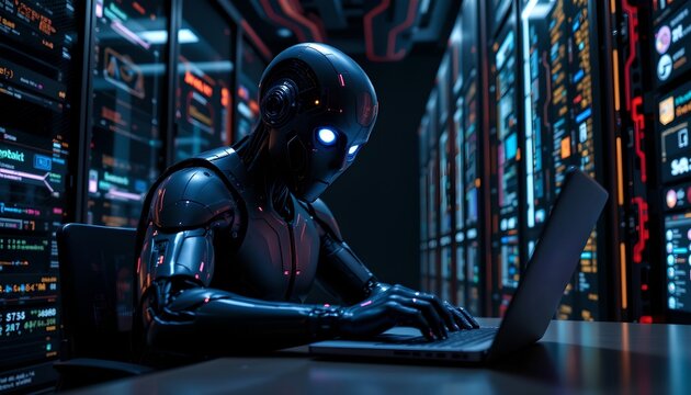 Futuristic Humanoid AI Typing on Laptop in High-Tech Server Room – Cybersecurity and Artificial Intelligence Concept - Powered by Adobe