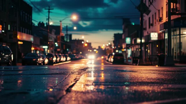 Wet street reflects glowing lights of town buildings and parked cars during dusk evening