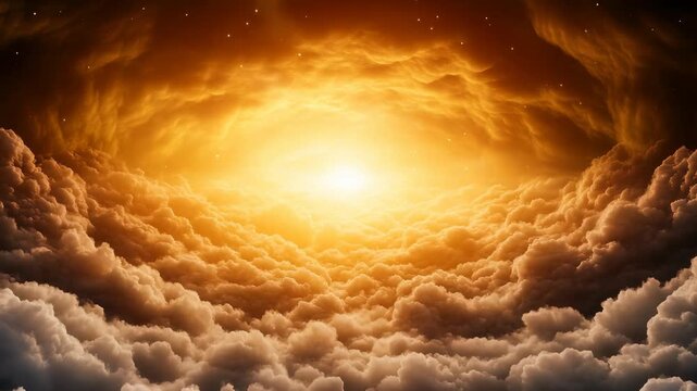 Majestic flight through golden clouds to divine light. Heaven, hope, spirituality. Epic revelation, eternity, salvation. Ideal for worship, memorials, fantasy intros.