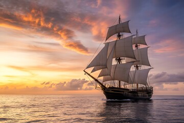 Majestic tall ship sailing at sunset with vibrant clouds, a stunning seascape for travel and adventure themes