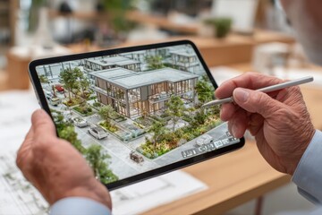 A person holding a tablet displaying a 3D model of a house, showcasing real estate properties to clients.