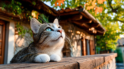 Curious cat looking up in a rural setting during fall season