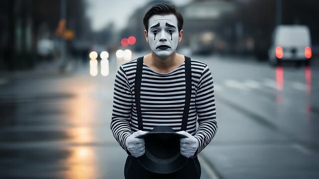 sad mime Solemn mime character in striped shirt and white gloves holding a hat, with painted tears on his face, standing on a wet city street at dusk.