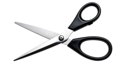 Pair of stainless steel scissors with black handle, isolated on a transparent background