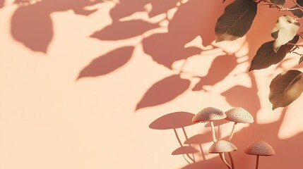 Soft shadows of leaves and mushrooms on peach background
