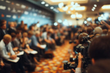 Obraz premium Blurred background image of a crowded press conference room filled with journalists seated and standing, with notepads, cameras, and microphones, all focused on a speaker. News event concept.