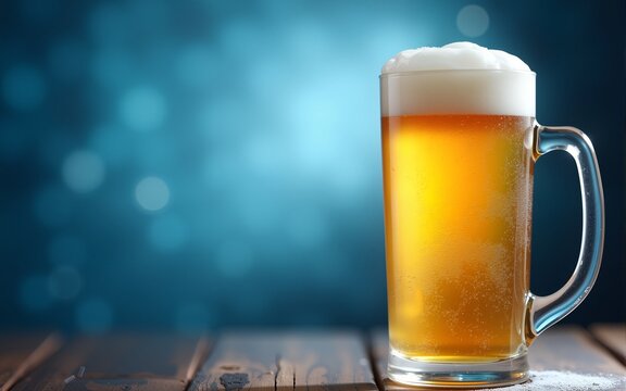 Horizontal banner. International Beer Day. A mug of cold light beer with foam on a blue background. Bokeh effect. Free space for text, copy space. High quality