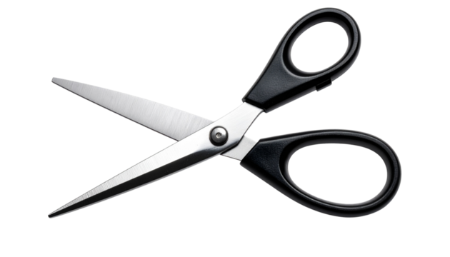 Pair of stainless steel scissors with black handle, isolated on a transparent background