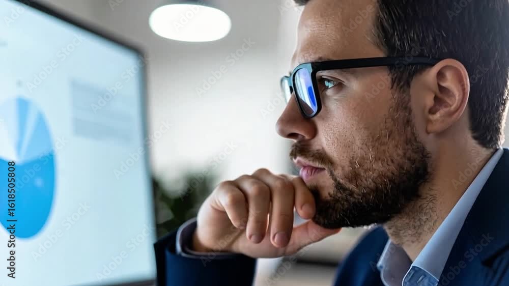 Poster focused businessman analyzing data on computer screen in modern workspace