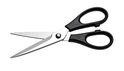 Pair of stainless steel scissors with black handle, isolated on a transparent background
