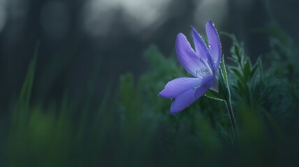 A single purple wildflower with dew drops in a field