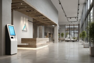 A 3D render of a modern reception area in a technology company, featuring a large white wall and contemporary design elements.