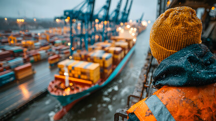 Dockworker supervising cargo ship loading operations in rainy weather