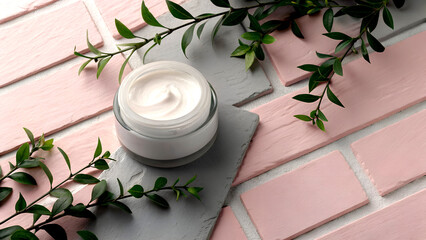 Discover radiant skin with this luxurious cream, nestled amongst natural green leaves and soft pink textures.