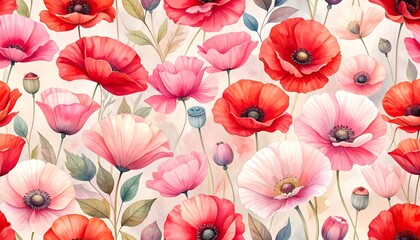 Delicate floral pattern of various poppies in shades of red and pink