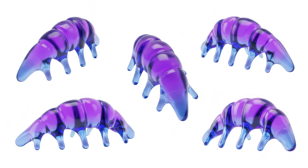 Five translucent purple alien-like creatures crawl on white representing futuristic concepts & biological designs